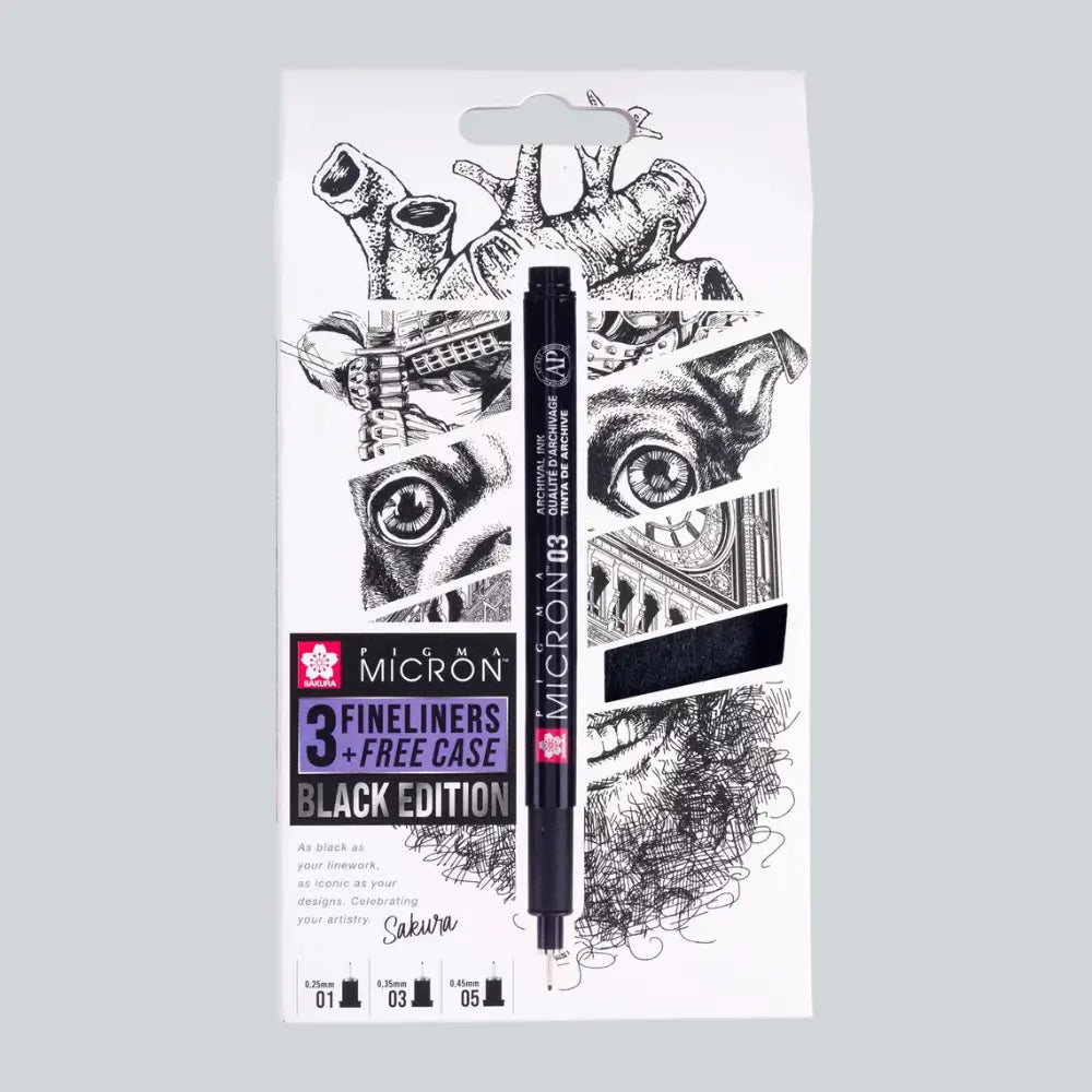 PIGMA® Micron™ Schwarz Edition Set + gratis Stiftetui , 3 Grössen, schwarz