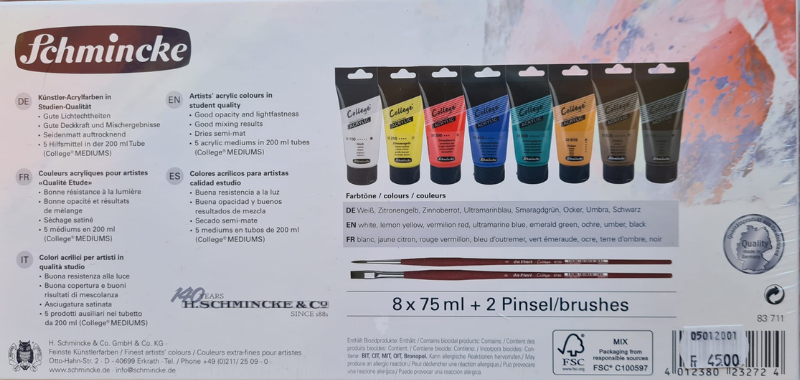 College® Acrylcolor Set, 8 x 75 ml + 2 Pinsel