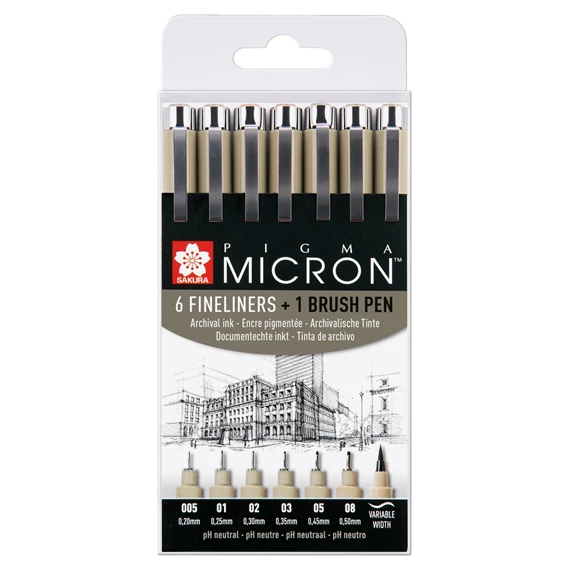 PIGMA® Micron™ Set mit 6 Finelinern + 1 Brush Pen